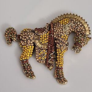 Horse Brooch Pin Crystal Strong Horse Citrine BIG AB Bronze Tone Stones NEW